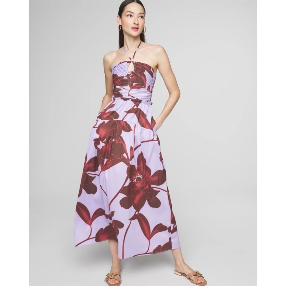 WHBM CAMILLE FIRL Floral Halter Maxi Dress in Purple and brown  SZ 18 NWT
